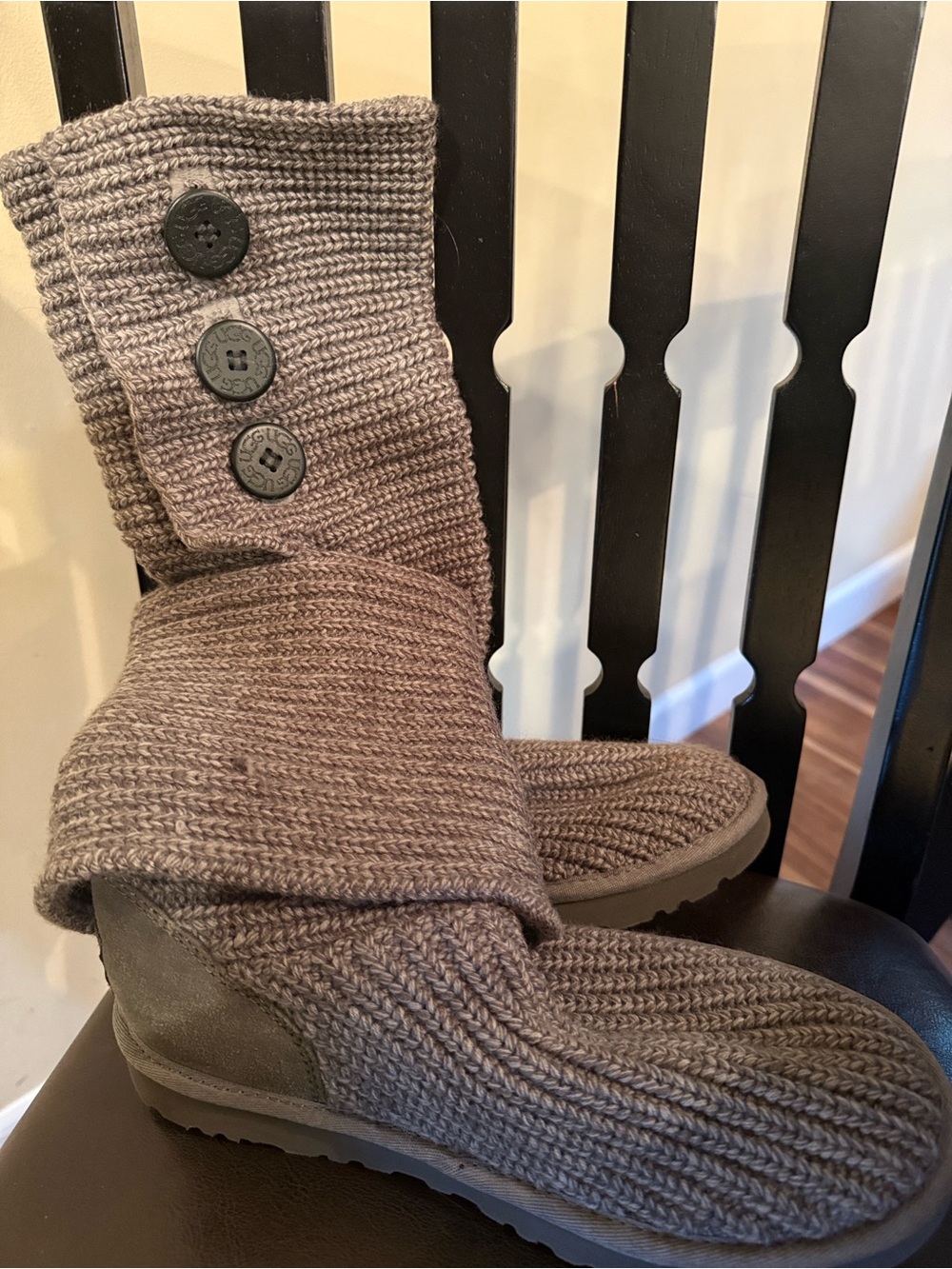 New Ugg Classic Cardi Cozy Knit Button Mid-Calf Boots - Gray